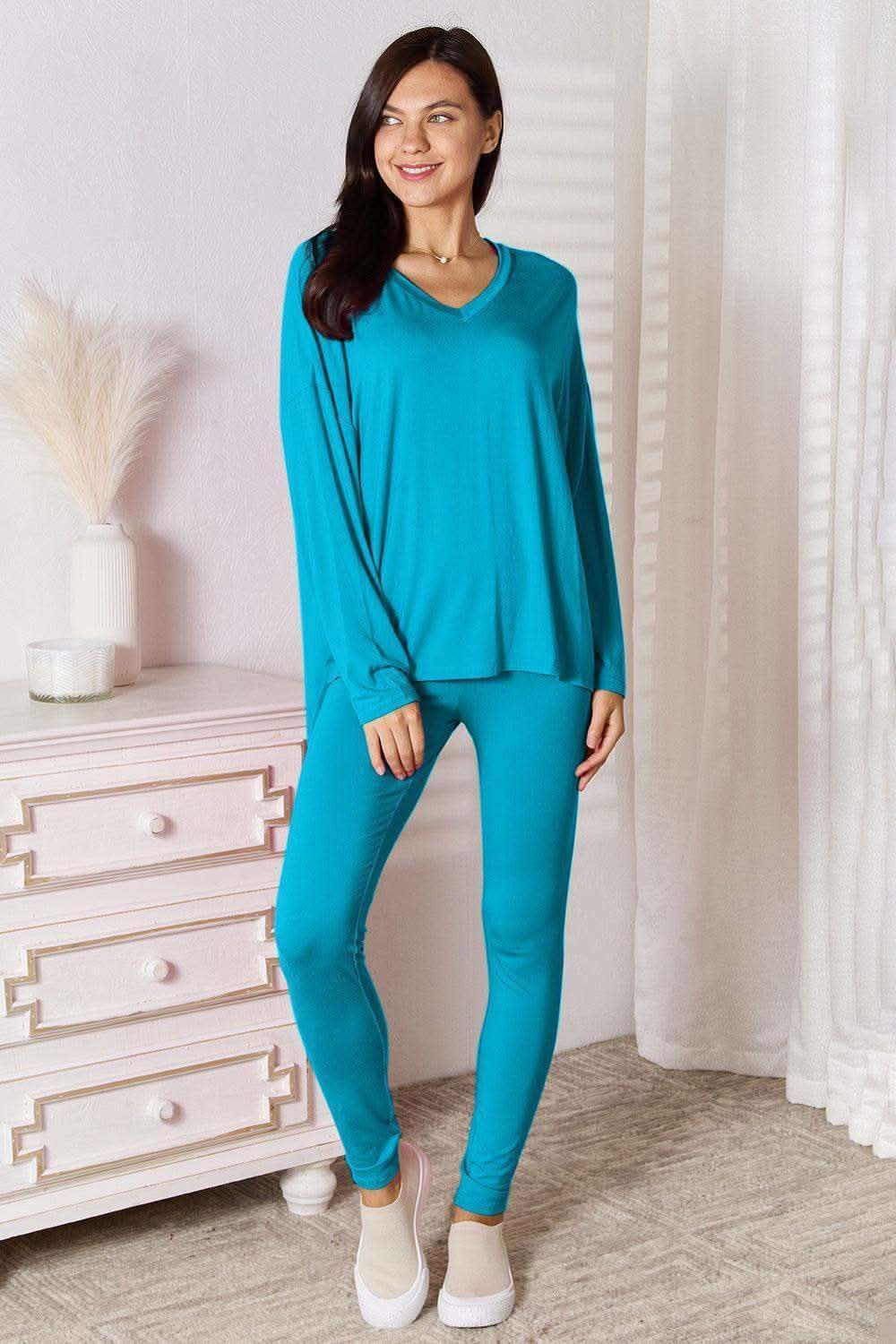 Basic Bae Full Size V-Neck Soft Rayon Long Sleeve Top and Pants Lounge Set in Sky Blue - Loungewear photo