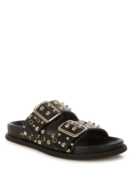 Rag Co. Jayata Metallic Stud Embellished Slides in Black - photo