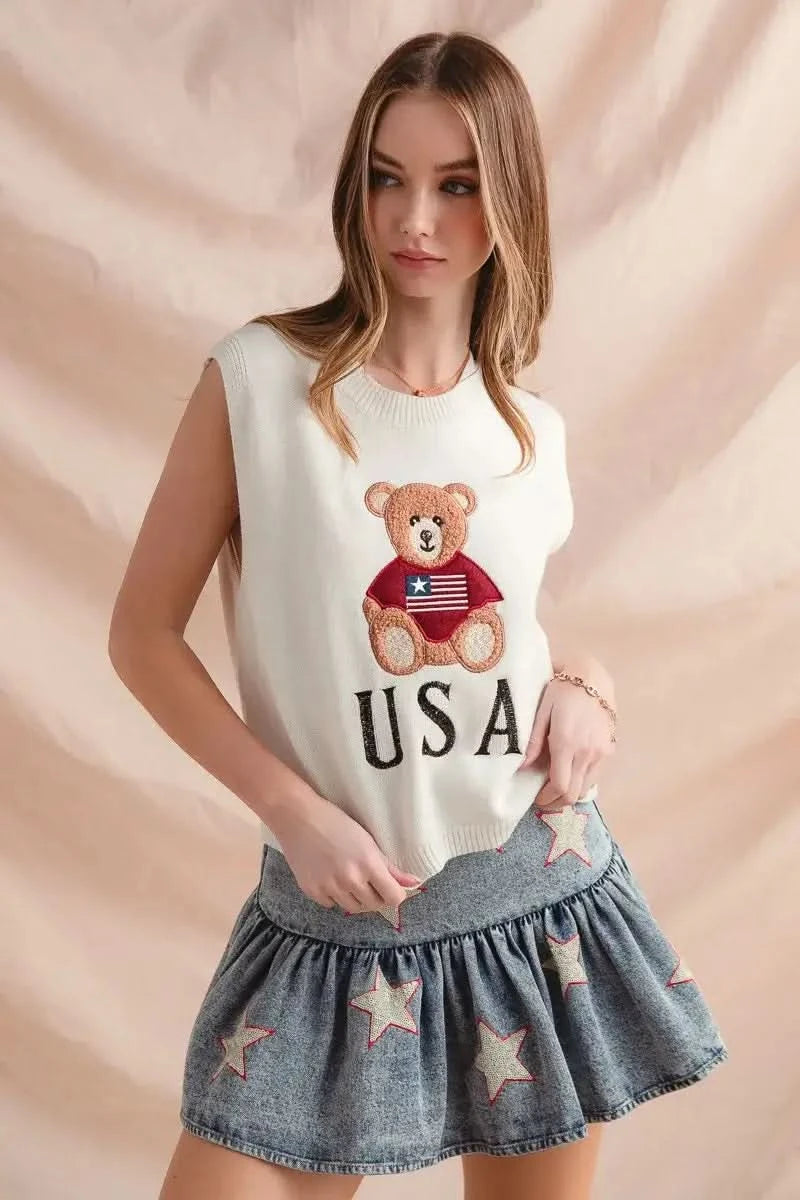 SO ME Teddy Bear Wearing An American Flag With Usa Embroidered Sweater Vest in IVORY - photo