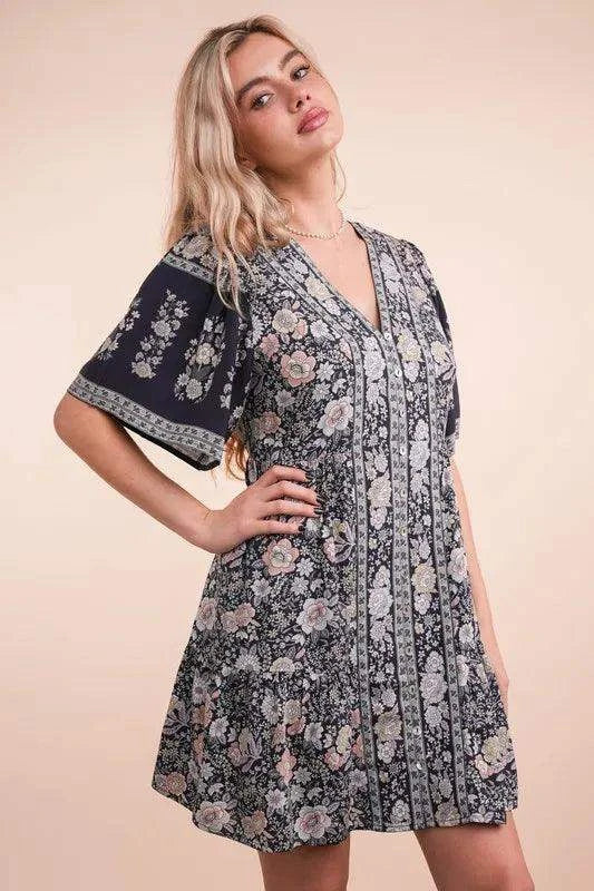 VERY J Shirring Detail Printed Woven Mini Dress in - Dresses photo