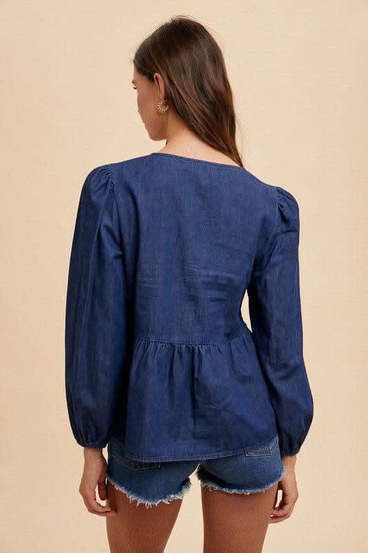Annie Wear Tie Front Peplum Long Sleeve Denim Top - SwagglyLife Home & Fashion Annie Wear Tie Front Peplum Long Sleeve Denim Top - SwagglyLife Home & Fashion