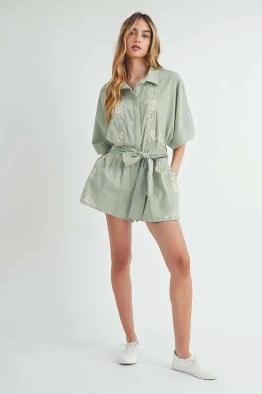 MABLE Embroidered Button Down Collared Neck Romper in - photo
