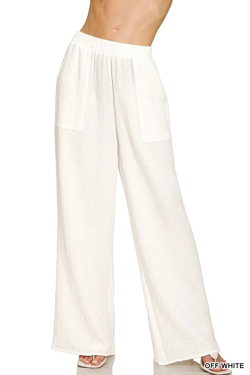 Zenana Double Gauze Elastic Band Pants in OFF WHITE - photo