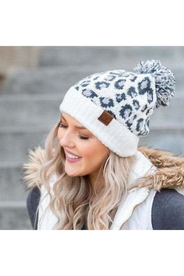 CC Leopard Pom Beanie in Ivory OneSize - Hats photo