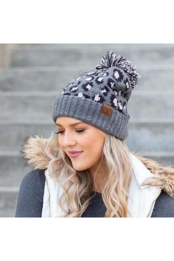 CC Leopard Pom Beanie in Lt. Mel Gray OneSize - Hats photo