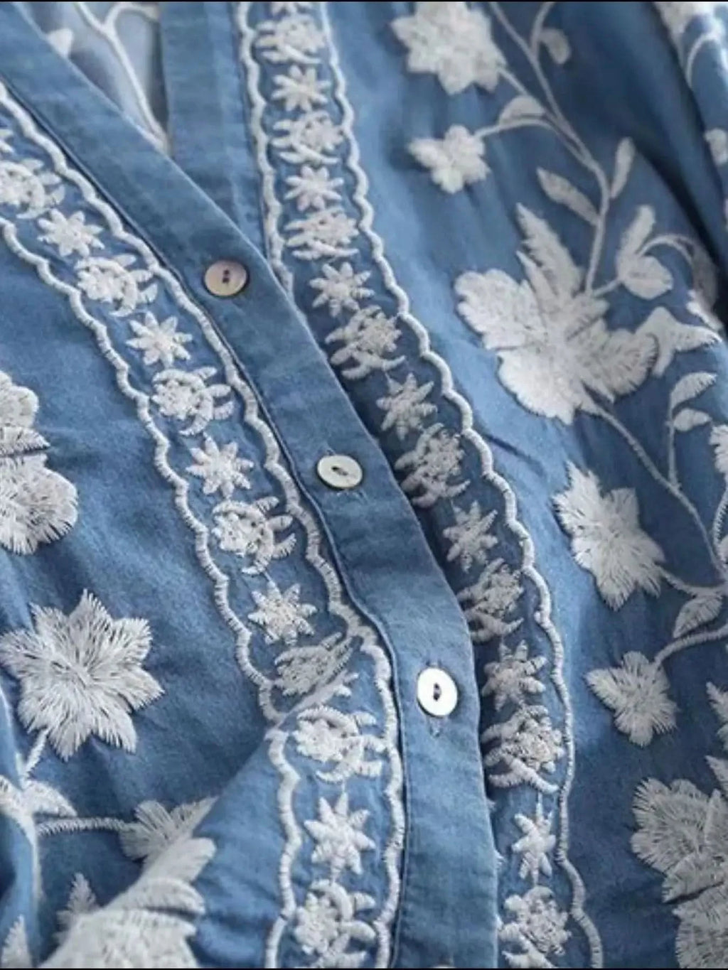 Floral Embroidered Button Up Denim Shirt - SwagglyLife Home & Fashion