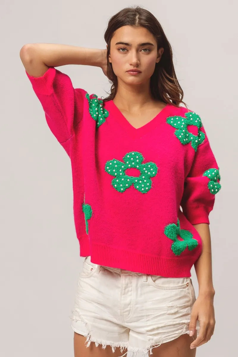 BiBi Pearl Beads Flowers Sweater Top in - photo