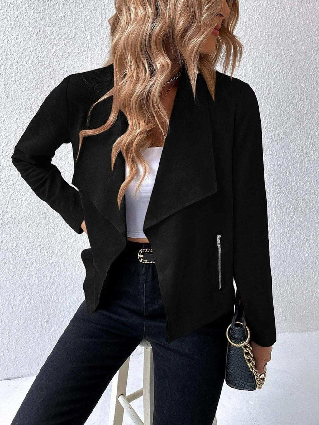 Collared Neck Long Sleeve Jacket in Black - Jackets photo