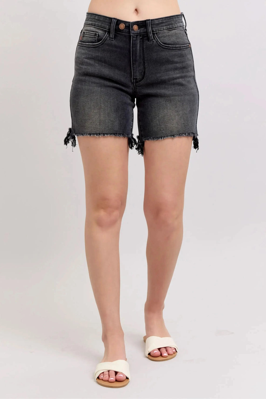 Judy Blue Full Size Long Cut Off 2 Button Dad Denim Shorts Plus Size in - photo