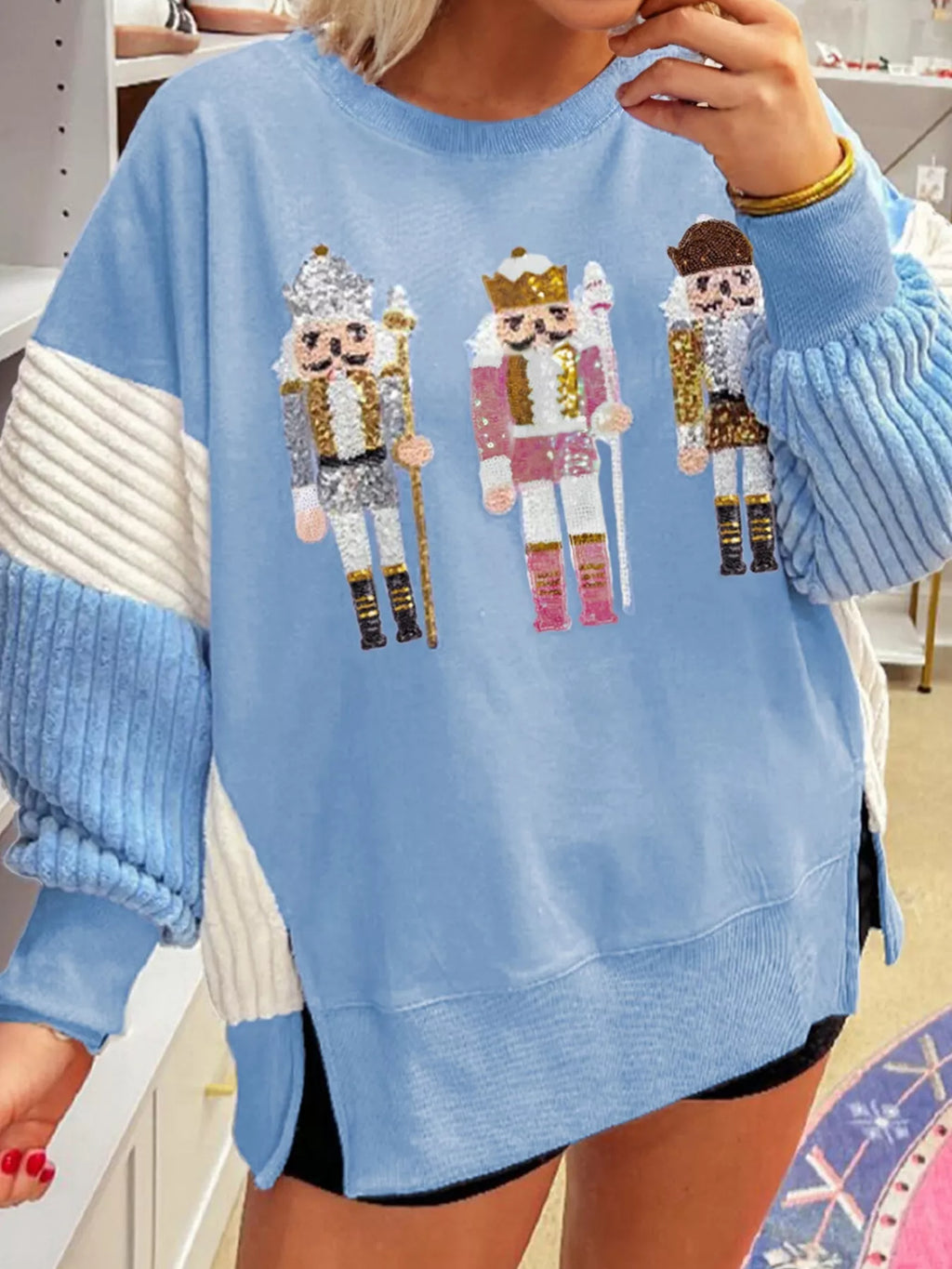 Christmas Sequin Nutcracker Textured Sleeve Patchwork Sweatshirt in Light Blue - photo