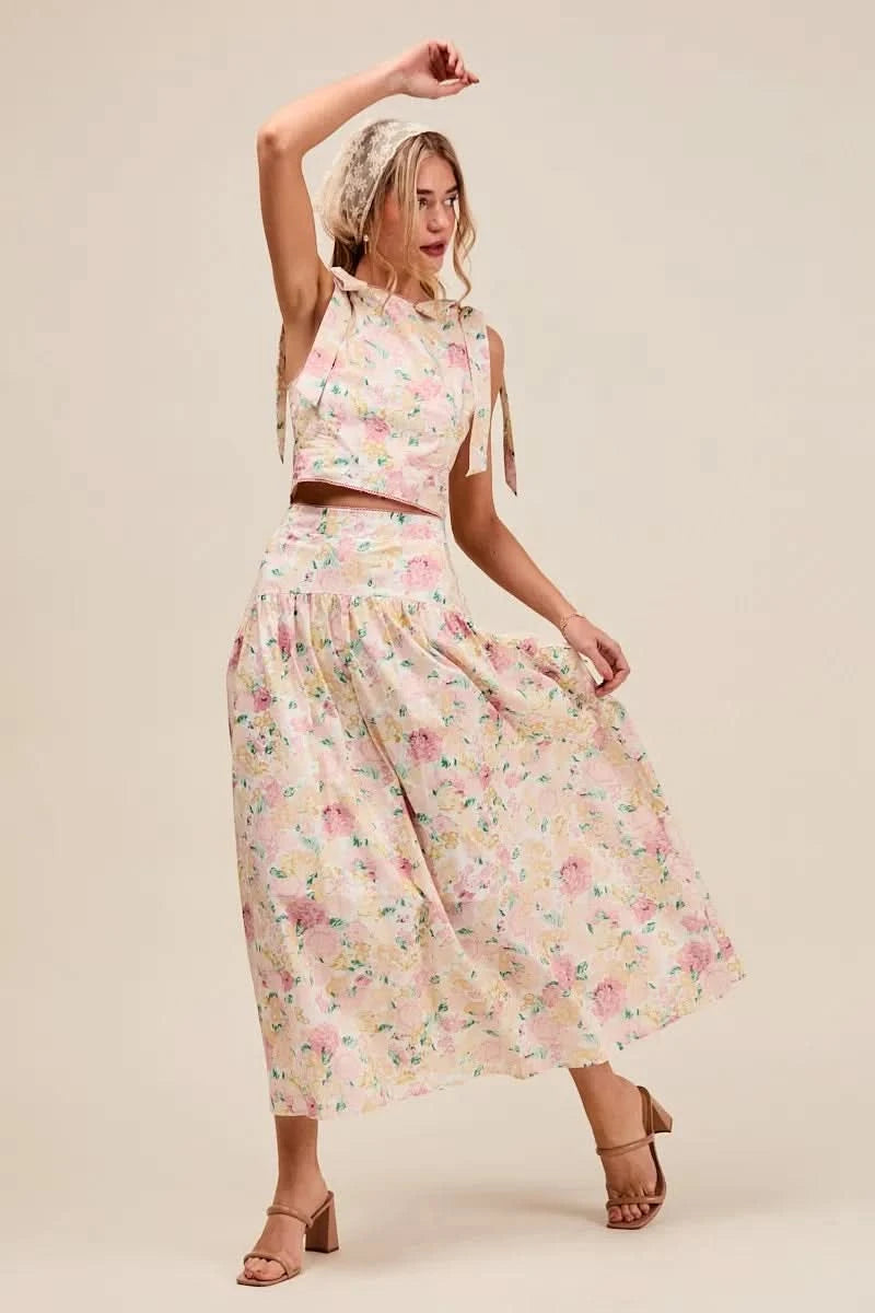 SO ME Floral Printed Woven Shoulder Bow Tie Top and Skirt Set in - photo