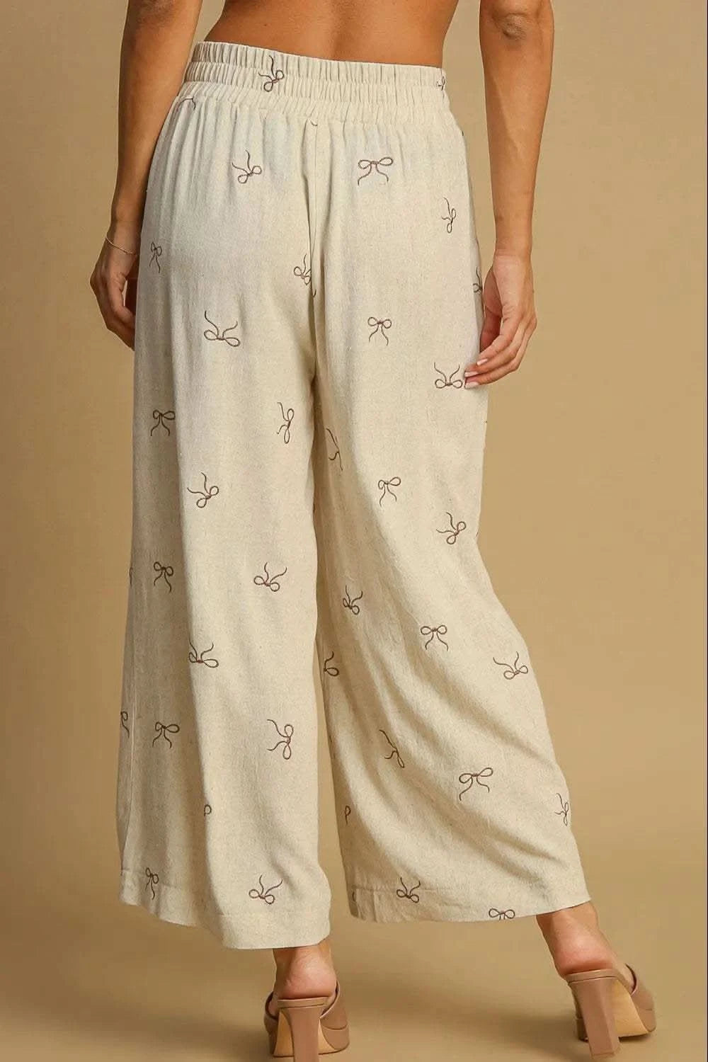 Umgee Full Size Lace Drawstring Embroidered Bow Wide Leg Pants Plus Size in - photo