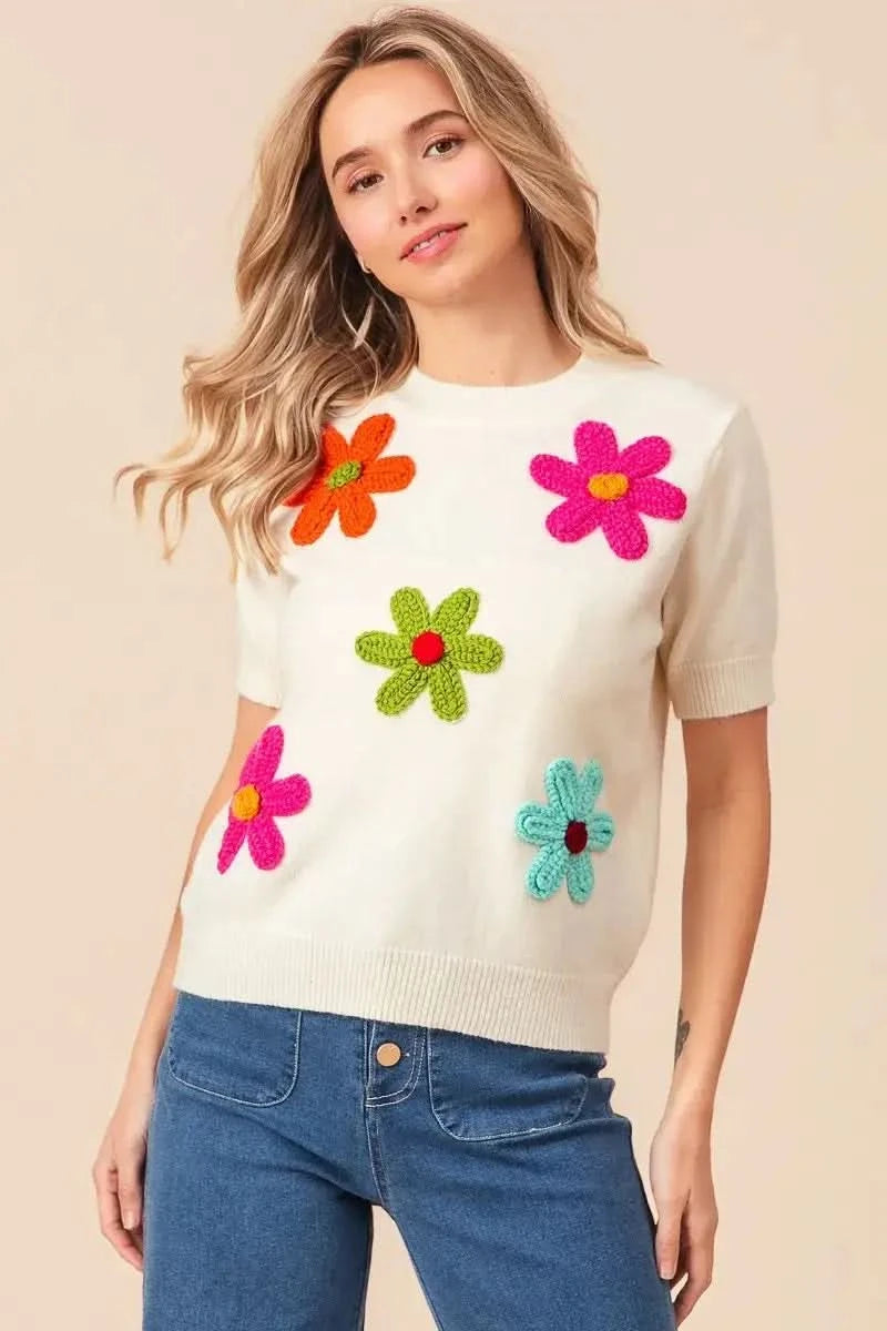 BiBi Crochet Flower Patch Sweater Top in - photo