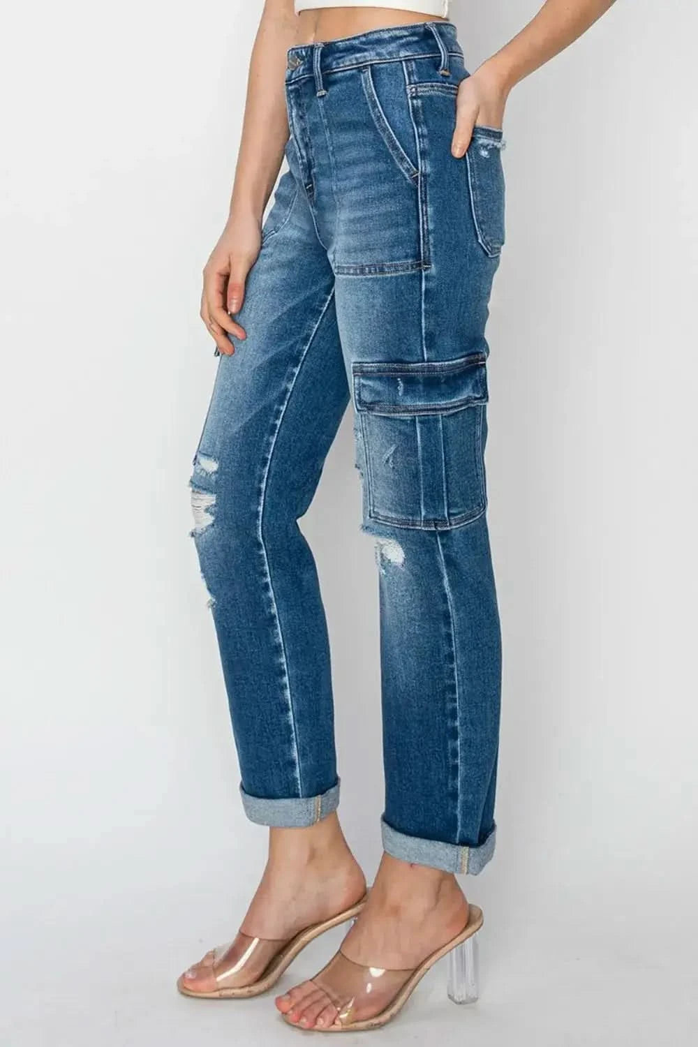RISEN Full Size High Rise Cargo Ankle Roll Up Straight Jeans in - photo
