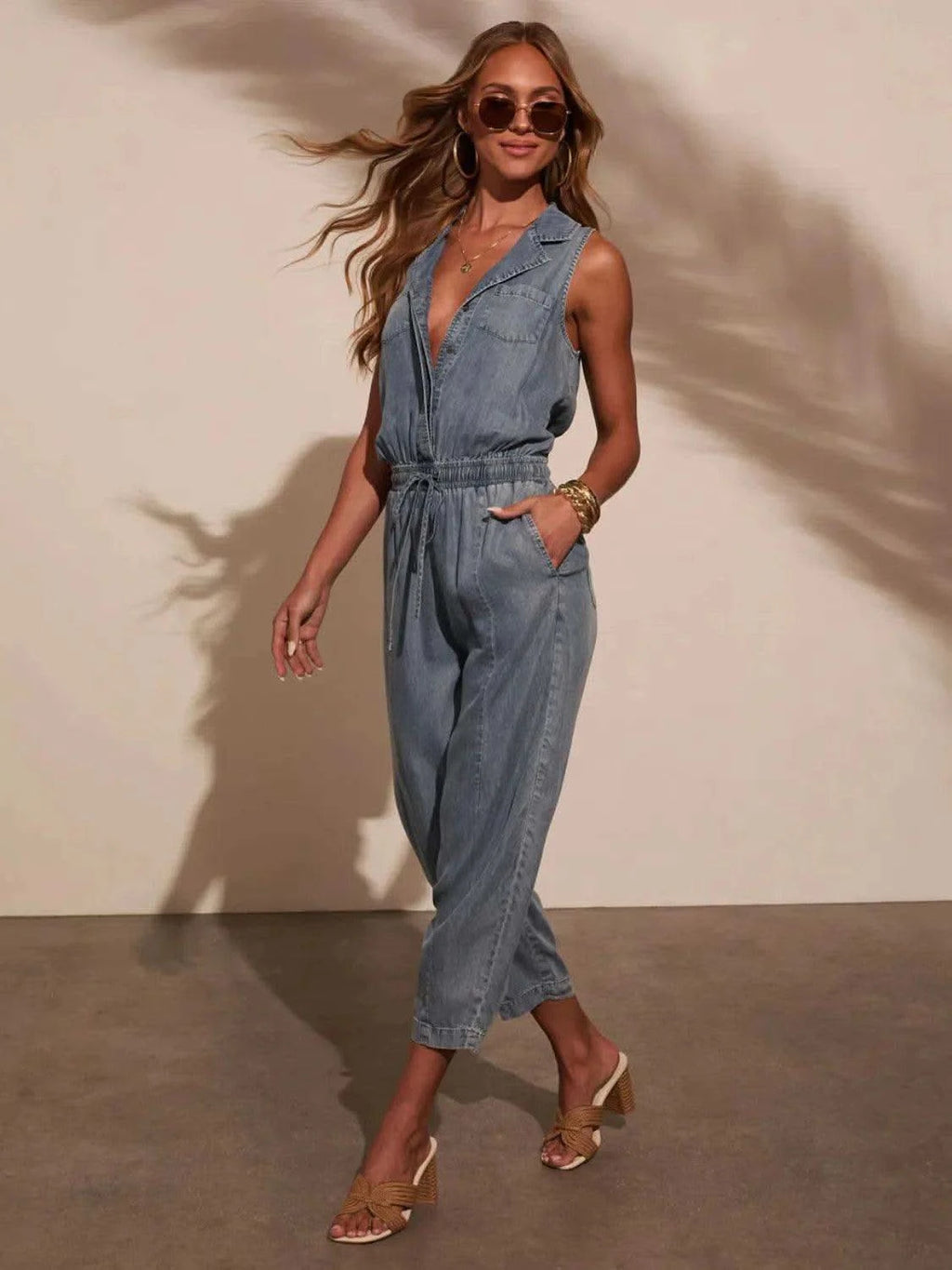 Sleeveless Drawstring Waist Washed Denim Jumpsuit - SwagglyLife Home & Fashion