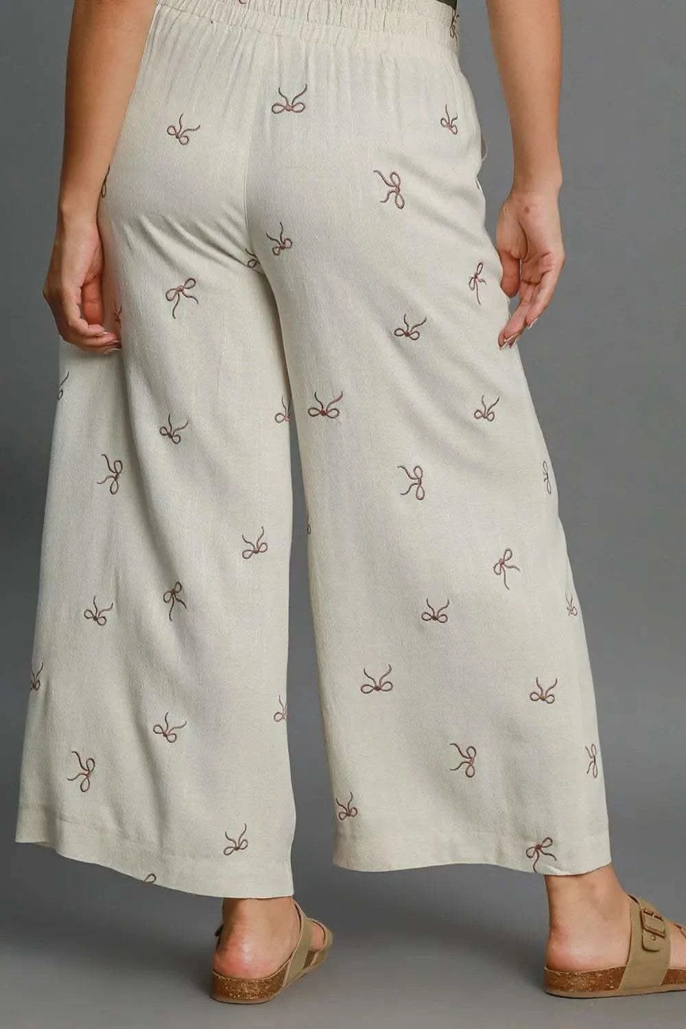 Umgee Full Size Lace Drawstring Embroidered Bow Wide Leg Pants Plus Size in - photo