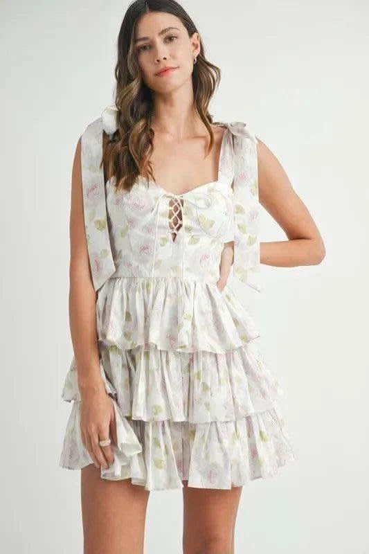 MABLE Floral Print Shoulder Tie Layered Mini Dress in - photo