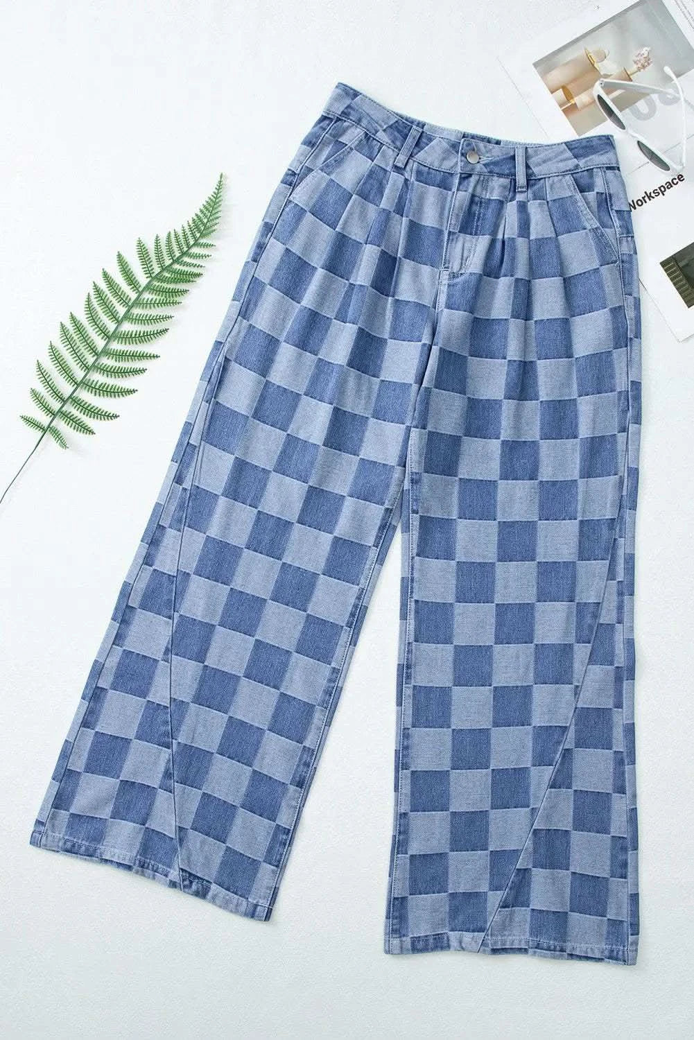 Checkered Wide Leg Jeans with Pockets in - photo