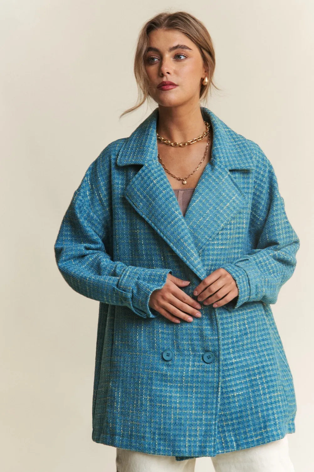 J.NNA Tweed Double-Breasted Long Sleeve Coat in Emerald Sea - photo