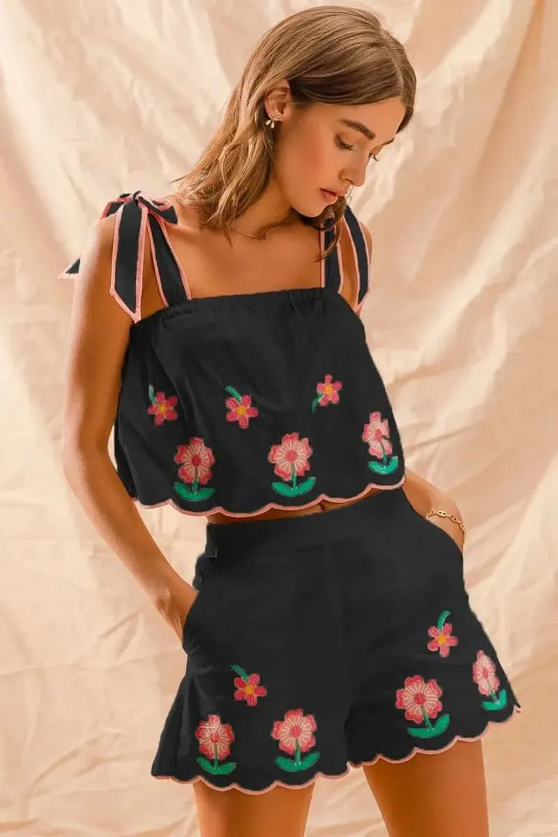 SO ME Flower Embroidered Tank Top and Shorts Set in BLACK - photo