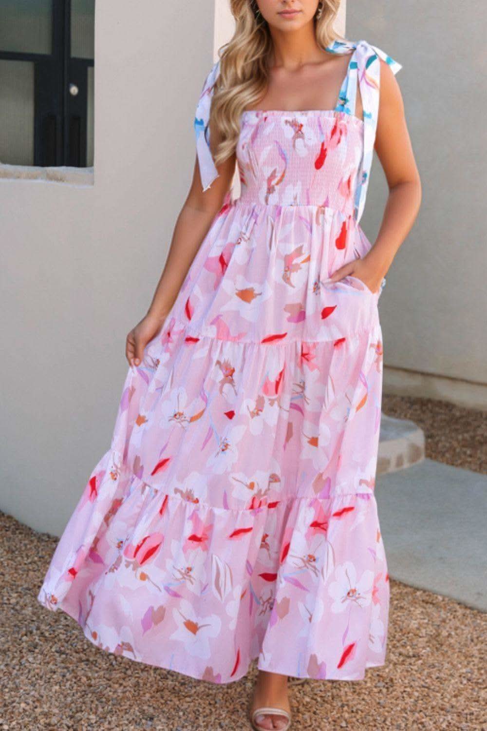 Floral Print Knotted Shoulder Smocked Maxi Dress in - Dresses photo