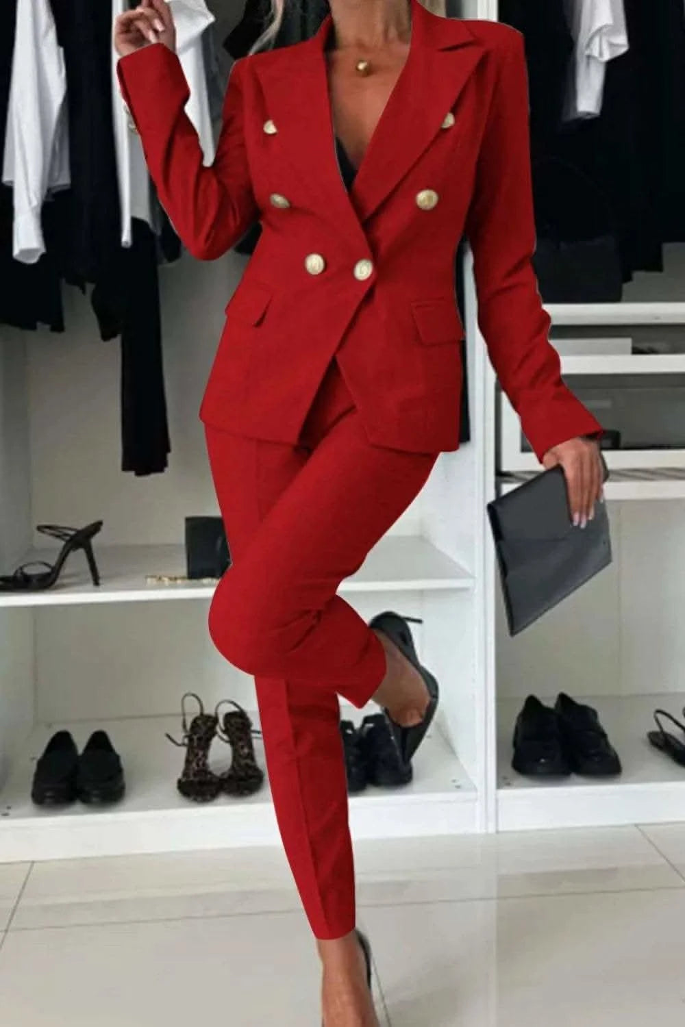 Full Size Lapel Collar Long Sleeve Blazer and Pants Set Plus Size in - photo