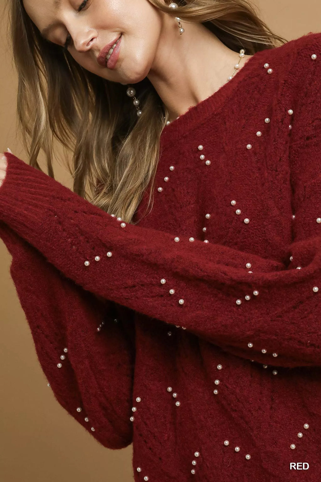 Umgee Pearl-Embellished Long Sleeve Sweater - SwagglyLife Home & Fashion
