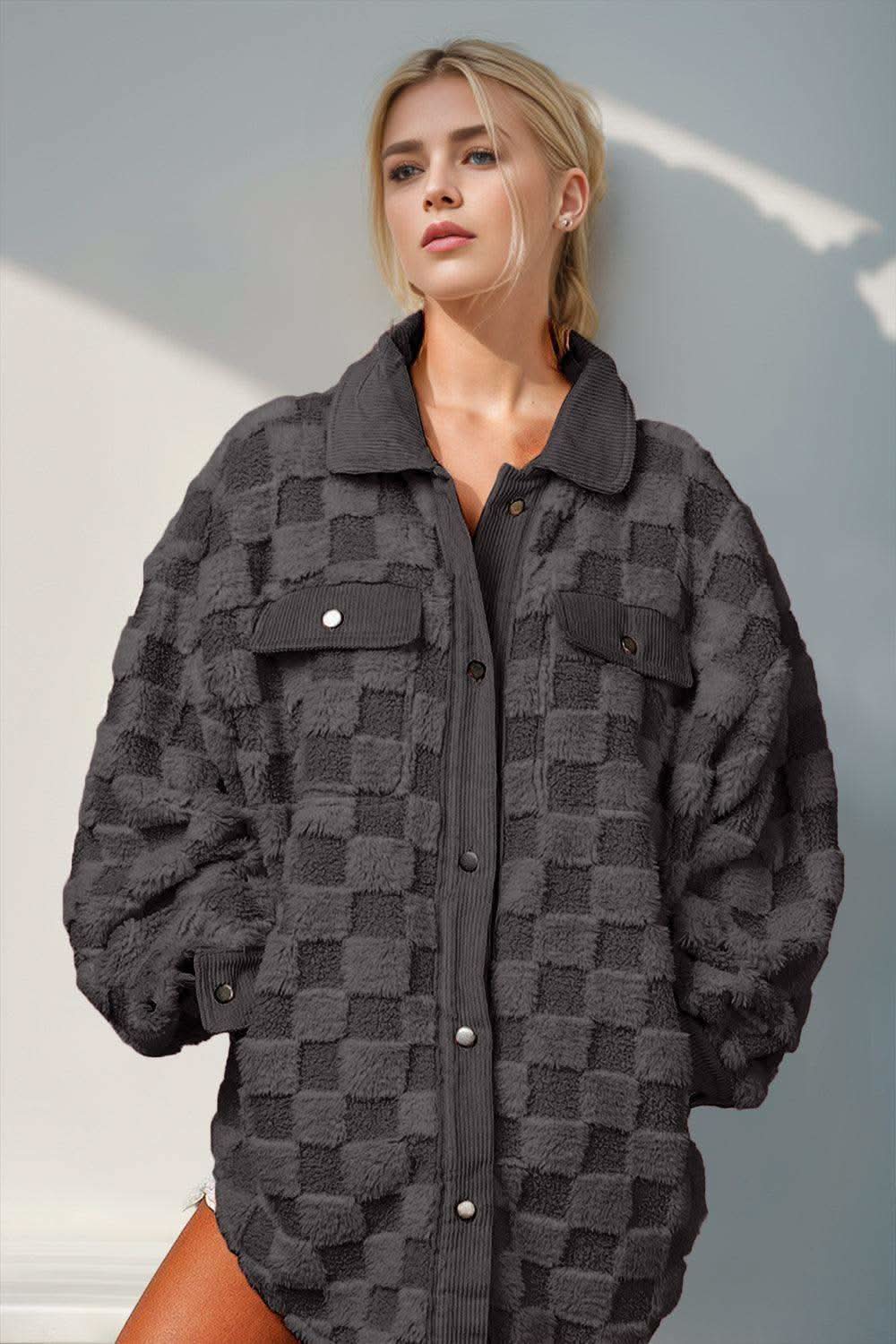 Double Take Button Up Fuzzy Checkered Shacket - SwagglyLife Home & Fashion