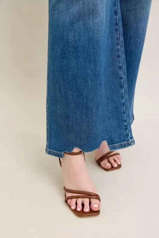 Judy Blue Full Size High Waist Tummy Control Chew Hem Destroy Wide Jeans Plus Size in - photo
