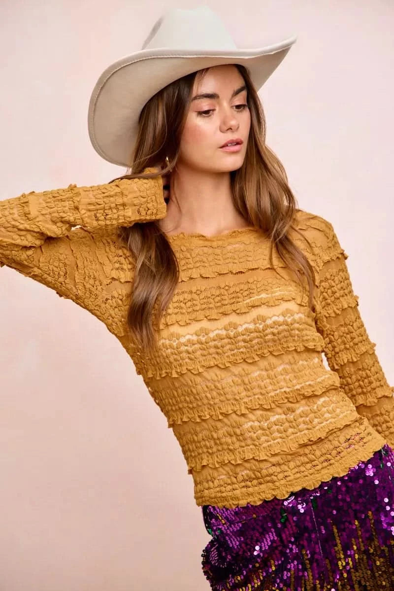 BiBi Ruffles Detail Mardi Gras Color Flower Lace Top in - photo