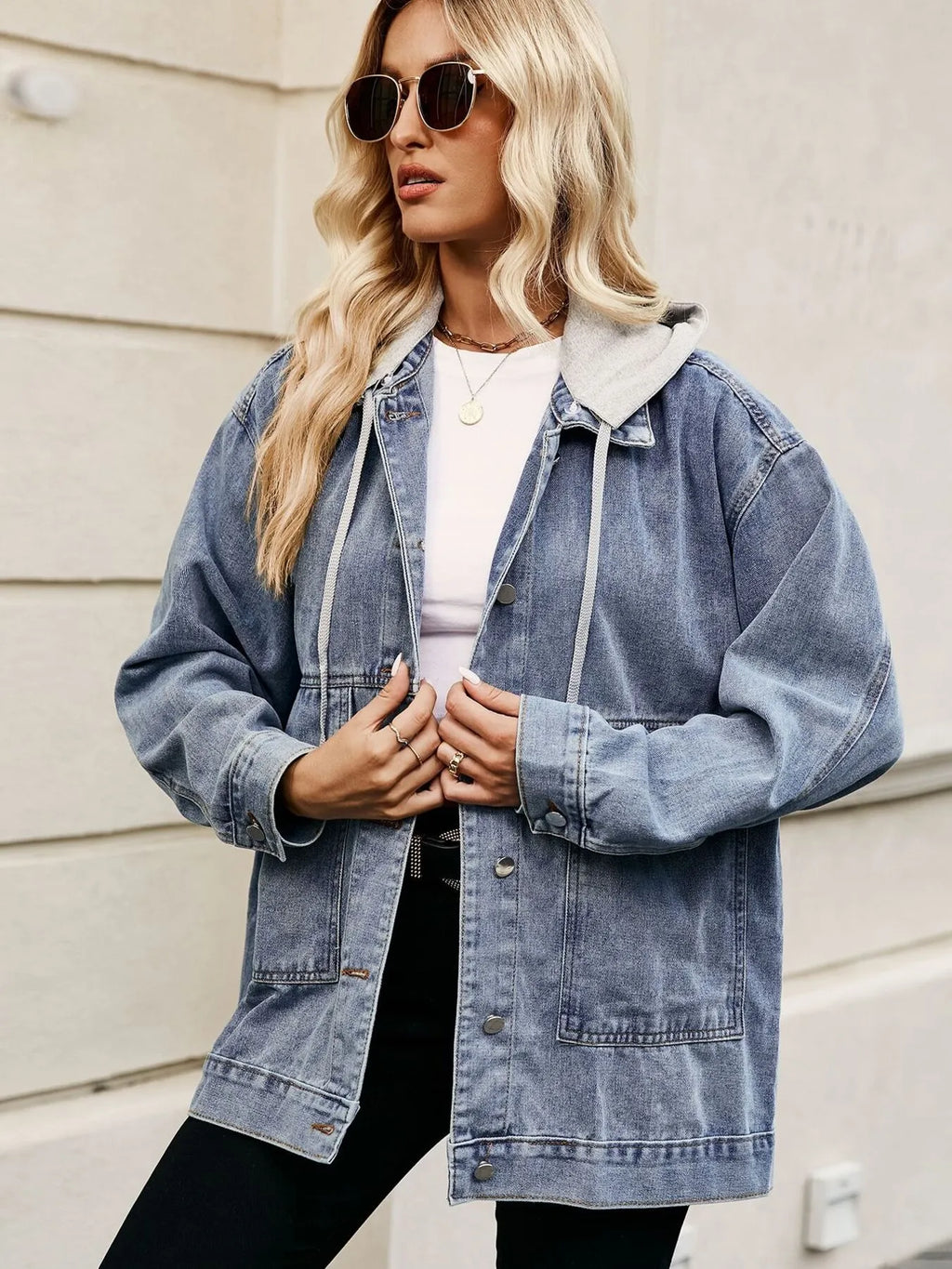 Oversized Button Up Denim Jacket with Hood in Light Blue - photo
