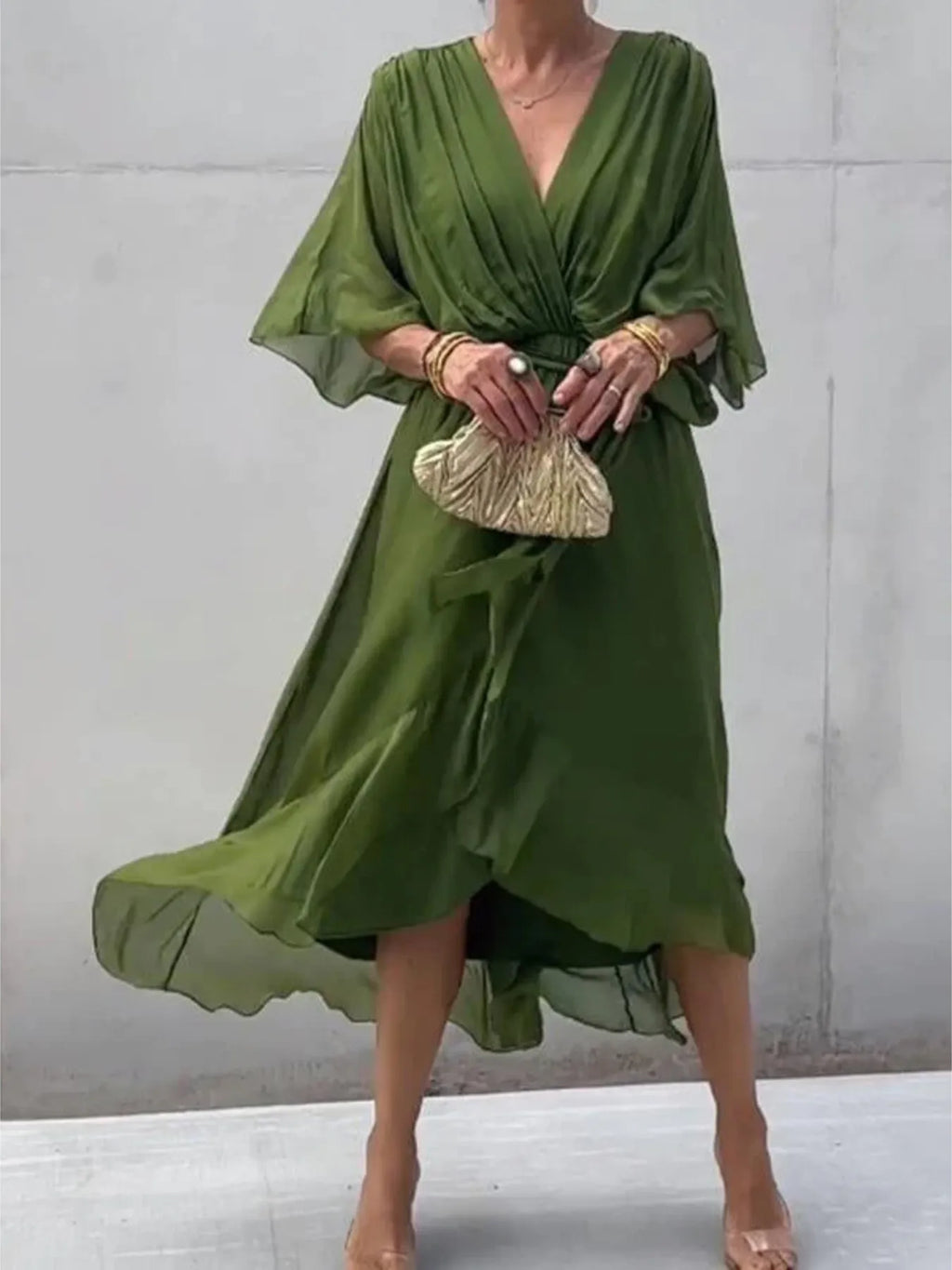 Flowy Tie Front Midi Dress with Flutter Sleeves in Green - photo