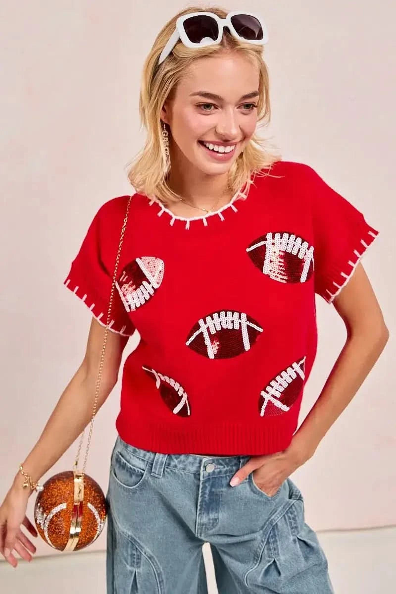 BiBi Gameday Sequin Football Embroidered Stitch Sweater in - photo