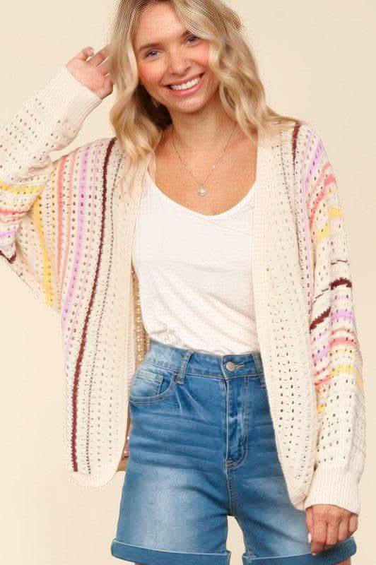 Haptics Full Size Striped Crochet Open Front Cardigan in - photo