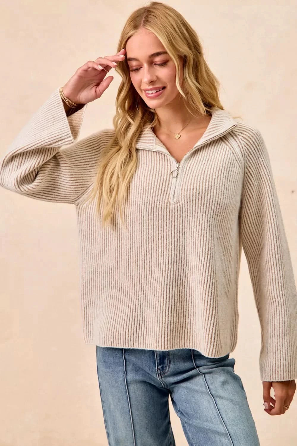BiBi Two Tone Rib Texured Knit Collared Top with Zip Up in - photo