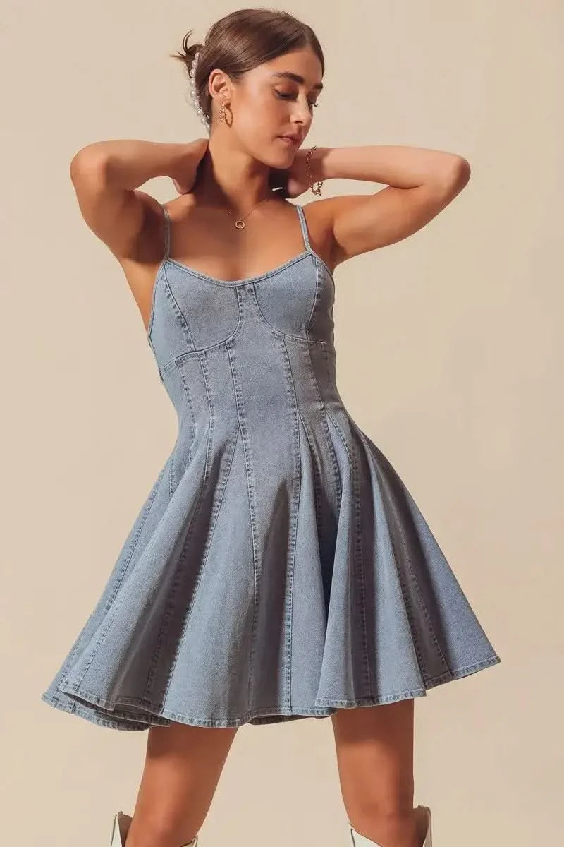 SO ME A Line Fit and Flare Denim Mini Dress in DENIM - photo