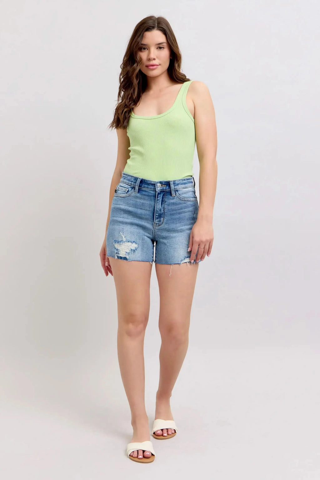 Judy Blue Full Size High Waist Denim Shorts W/stitch Over Destroy Detail Plus Size in - photo