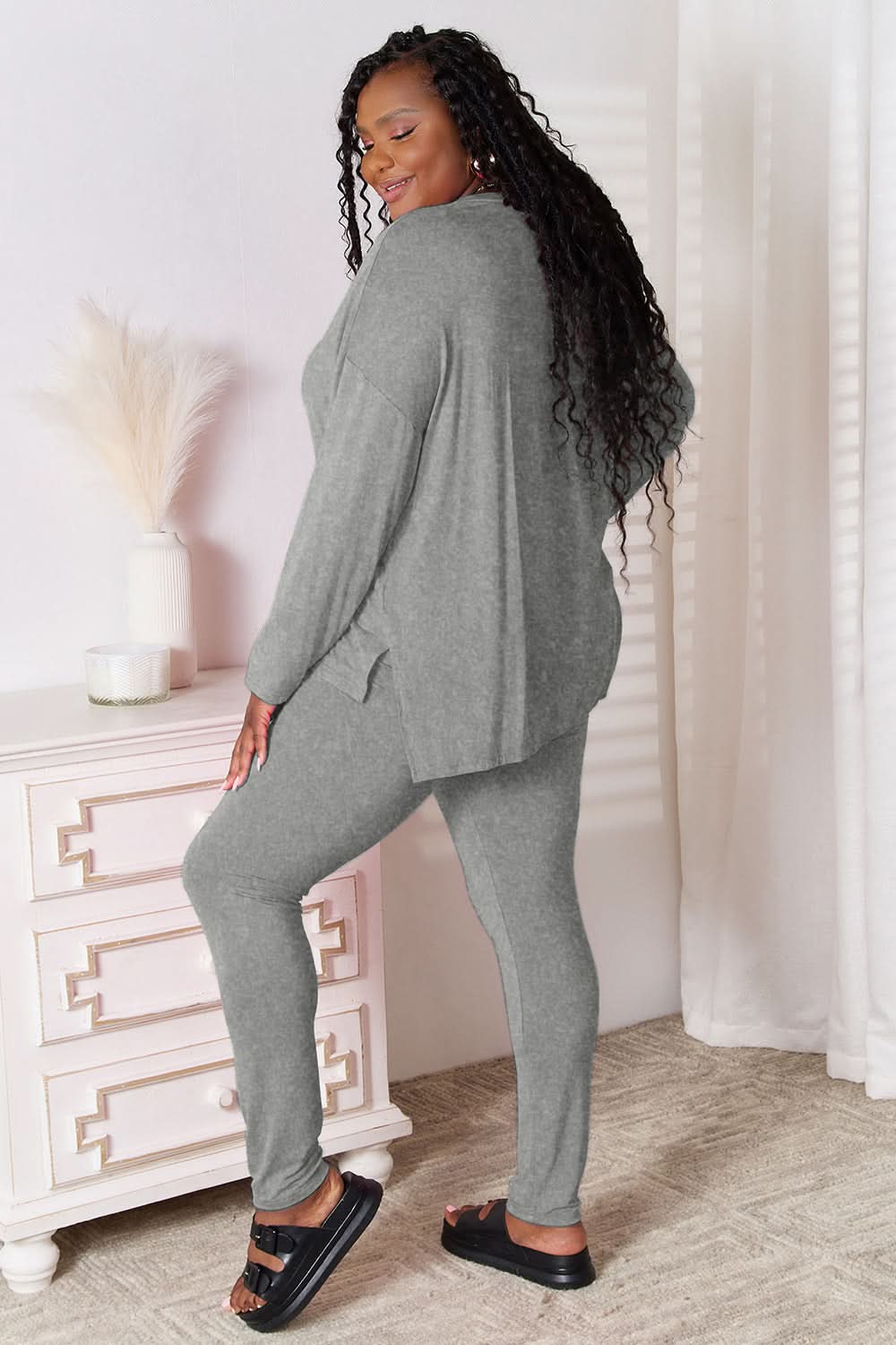 Basic Bae Bamboo Full Size V-Neck Long Sleeve Top and Pants Lounge Set in - Sets photo