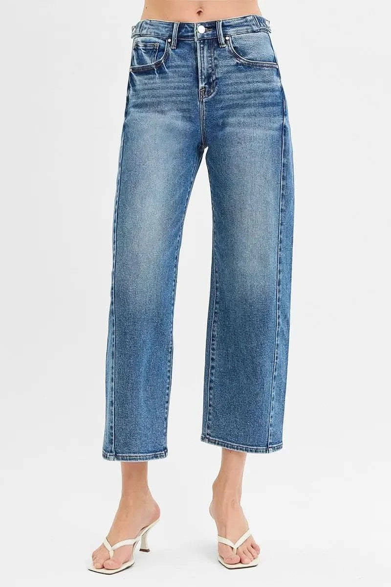 RISEN High Rise Crop Length Barrel Adjustable Waist Band Jeans in DARK - photo