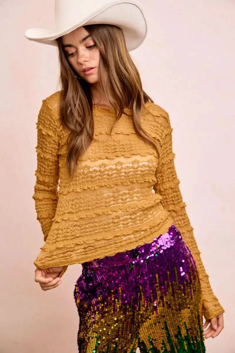 BiBi Ruffles Detail Mardi Gras Color Flower Lace Top in - photo