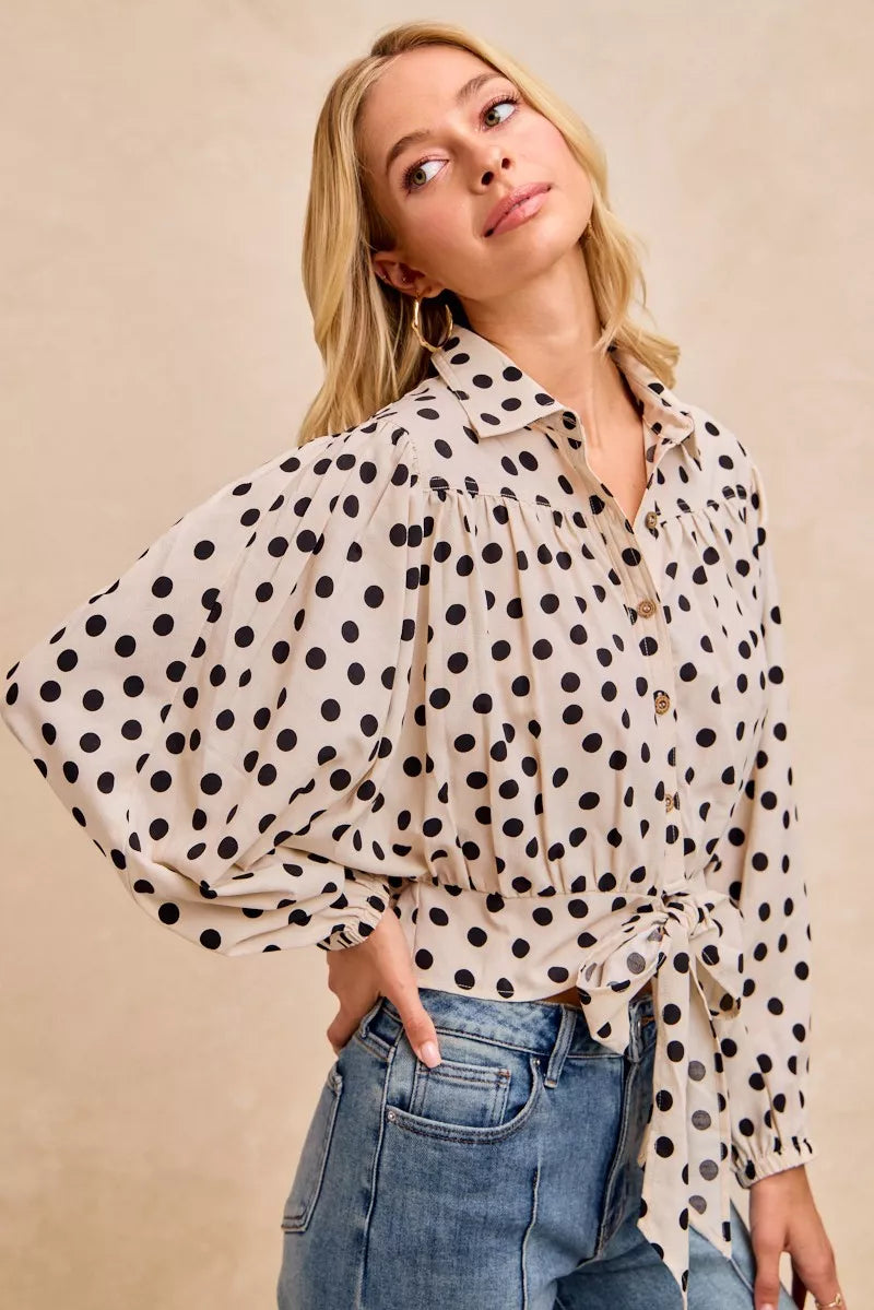 BiBi Polka Dot Print Tie Hem Detail Crop Shirt in - photo