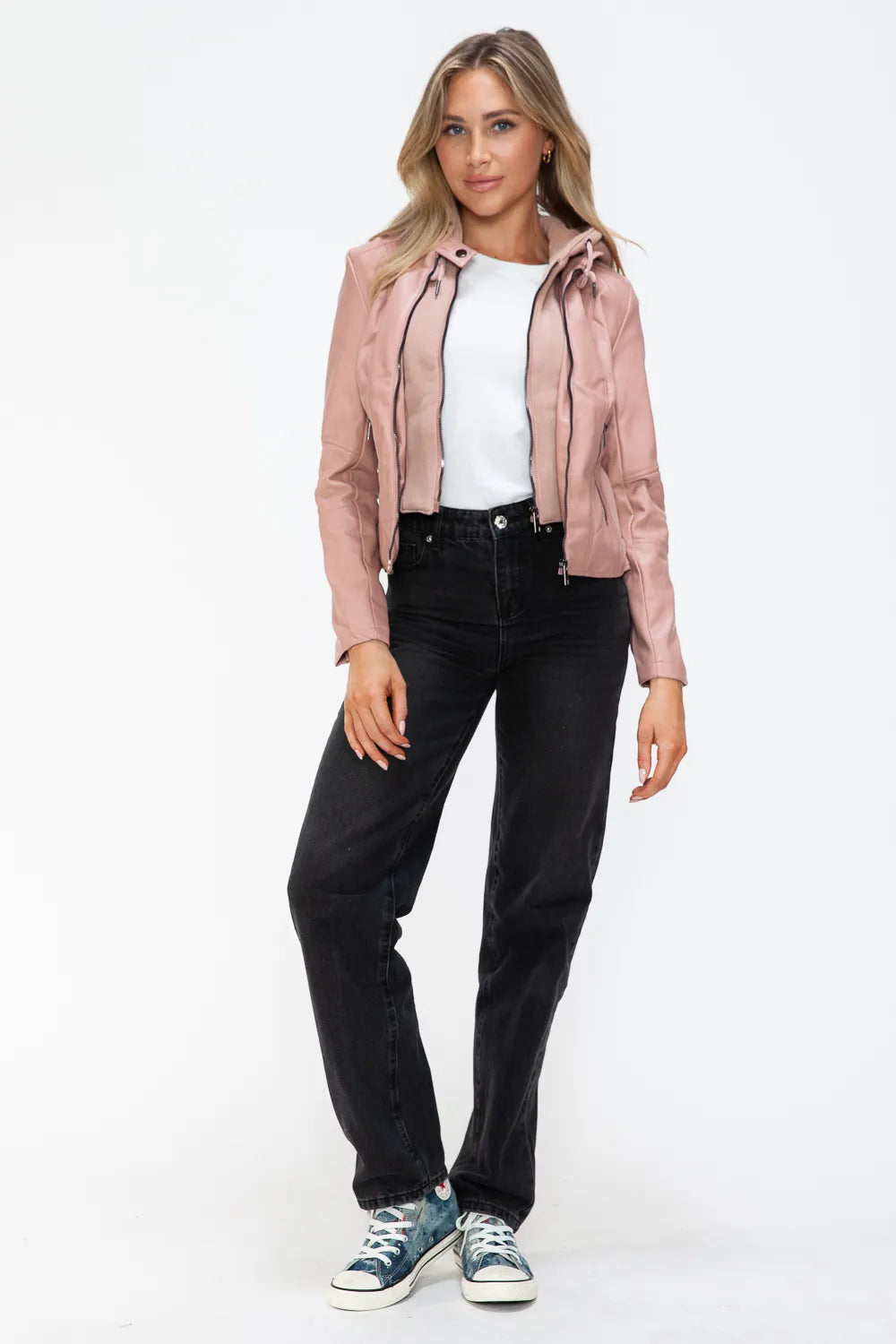 Snobbish Faux Leather Zip Up Drawstring Hooded Jacket in - photo