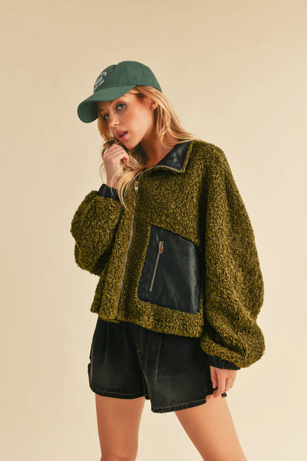 Aemi + Co Collared Neck Zip Up Sherpa Jacket in - photo