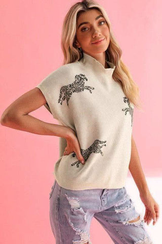 Cheetah Mock Neck Short Sleeve Knit Sweater - SwagglyLife Home & Fashion Cheetah Mock Neck Short Sleeve Knit Sweater - SwagglyLife Home & Fashion
