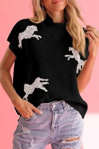 Cheetah Mock Neck Short Sleeve Knit Sweater - SwagglyLife Home & Fashion Cheetah Mock Neck Short Sleeve Knit Sweater - SwagglyLife Home & Fashion