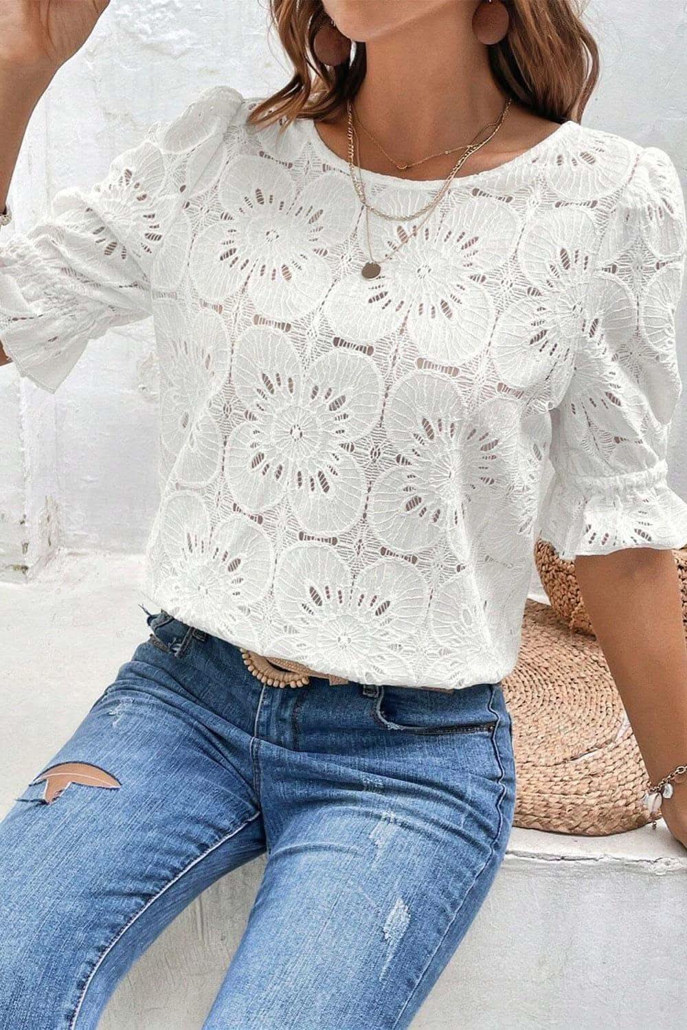 Christie Round Neck Flounce Sleeve Blouse - SwagglyLife Home & Fashion Christie Round Neck Flounce Sleeve Blouse - SwagglyLife Home & Fashion