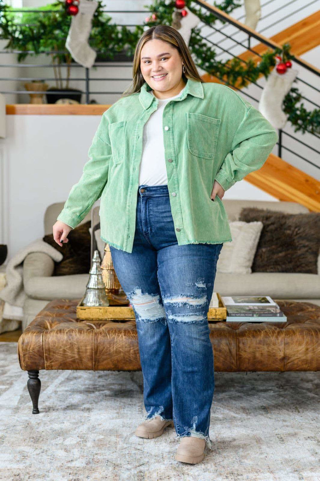 Christine High Contrast Slim Bootcut Destroyed Jeans in - Denim photo