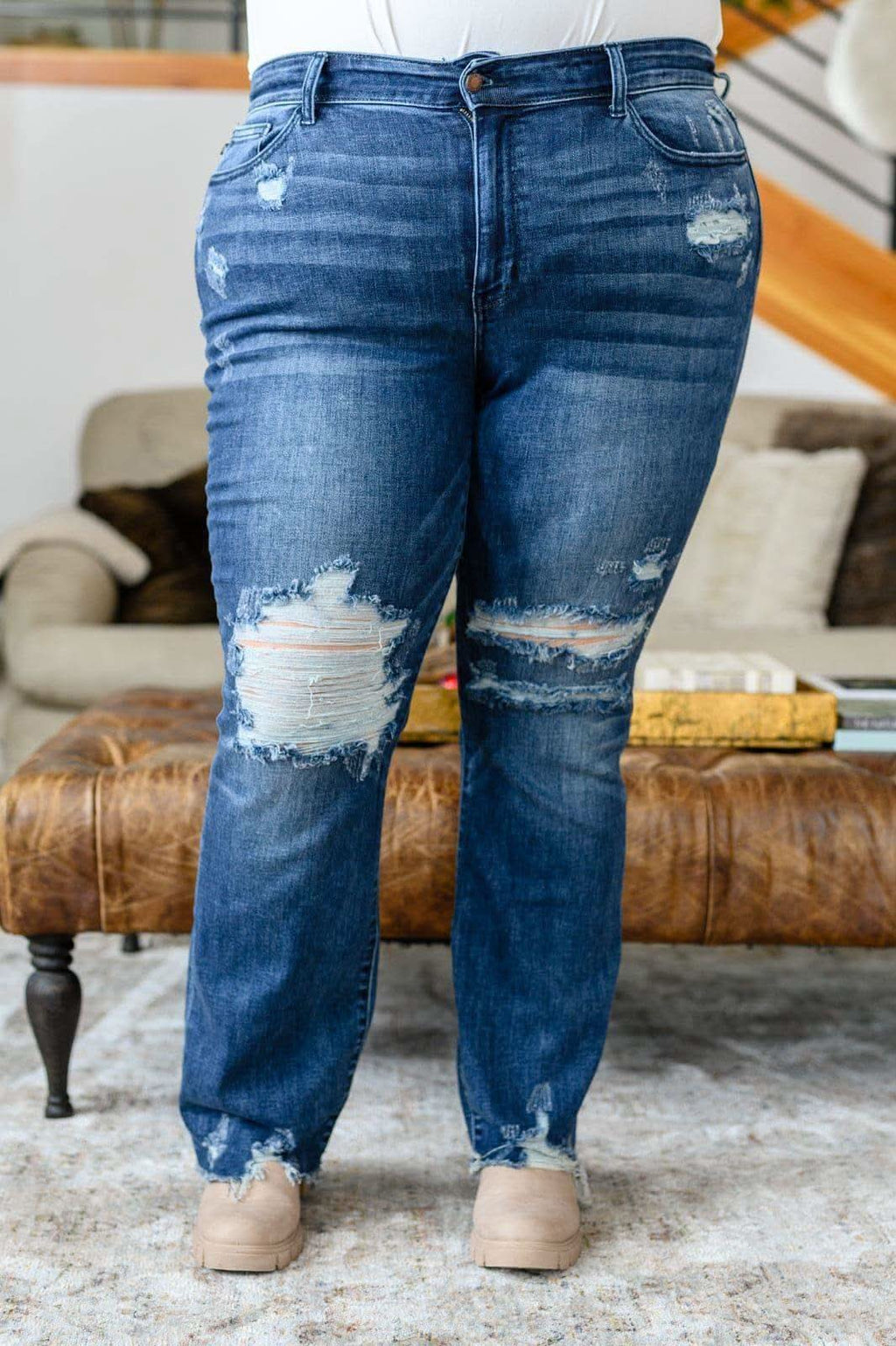 Christine High Contrast Slim Bootcut Destroyed Jeans in - Denim photo