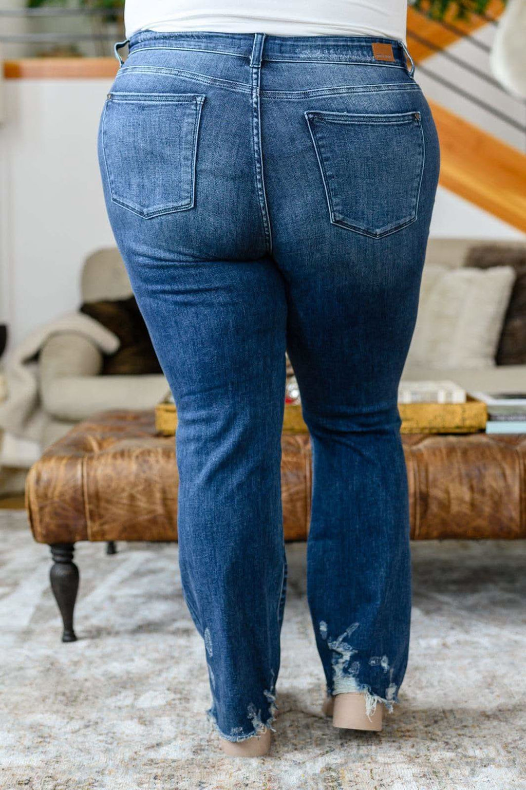 Christine High Contrast Slim Bootcut Destroyed Jeans in - Denim photo