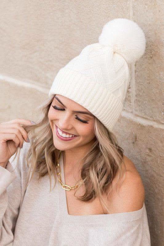 Chunky Knit Fur Pom Beanie in Winter White OneSize - Hats photo